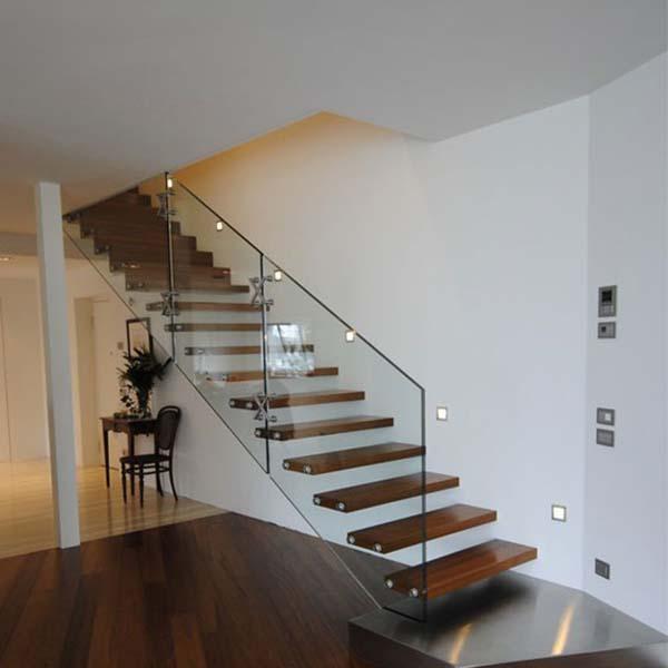 Prefabricated wooden suspended stairs with glass railings